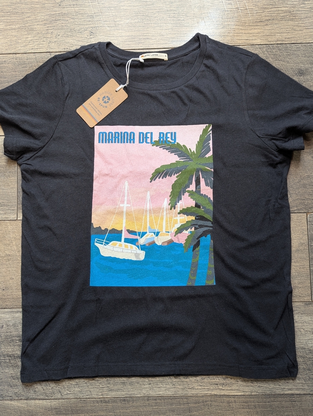 Marine Layer Black Tee with Pink and Blue Marina Graphic Women's S